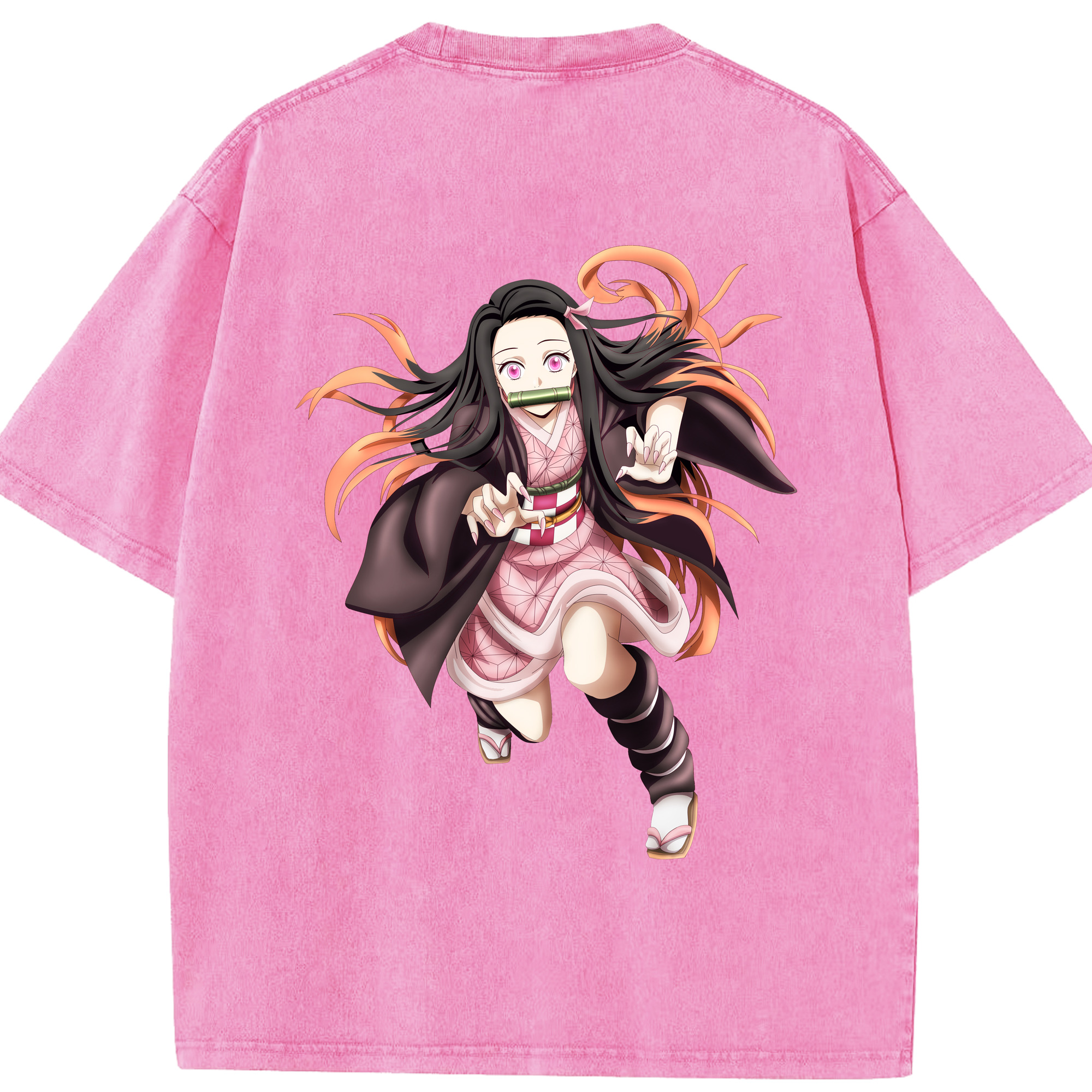 （画像用） 鬼滅の刃（きめつのやいば）竈門 禰󠄀豆子／かまど ねずこ Kamado Nezuko 綿100% ヴィンテージ風 半袖Tシャツ（背面プリント）